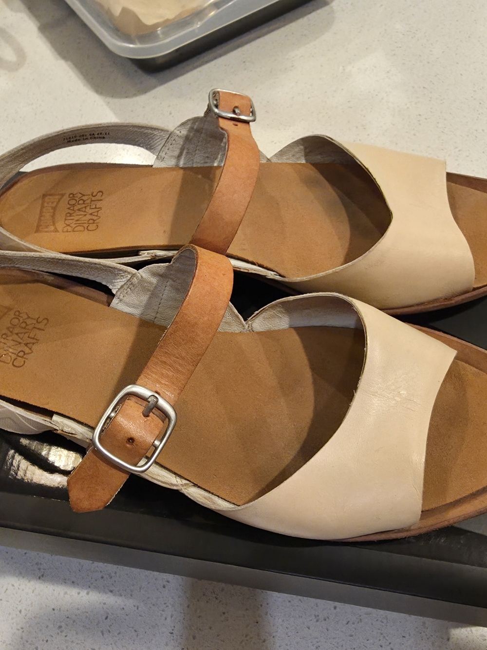 Camper Two-Tone Leather Sandal in Cream and Tan